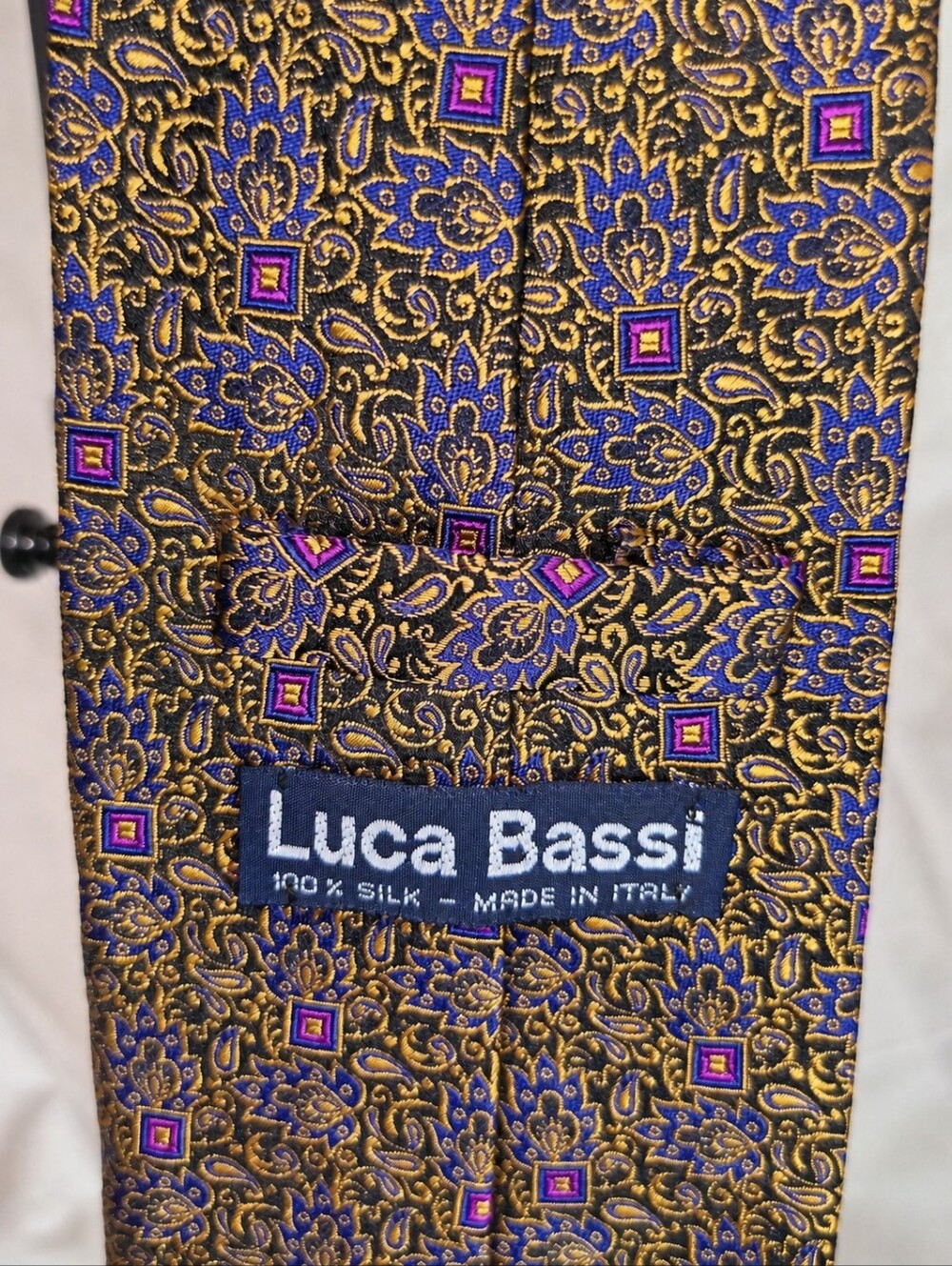 Luca Bassi 100% Silk Made in Italy Gold Blue Paisley Jacquard Tie